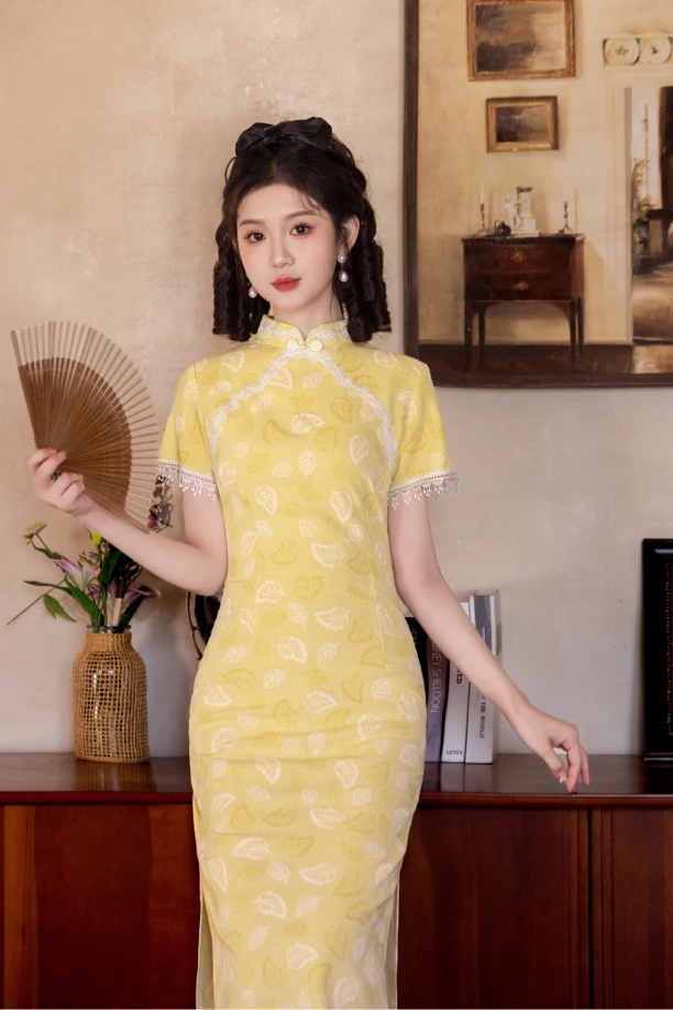 504 年轻款树叶提花重工蕾丝|扶摇|旗袍