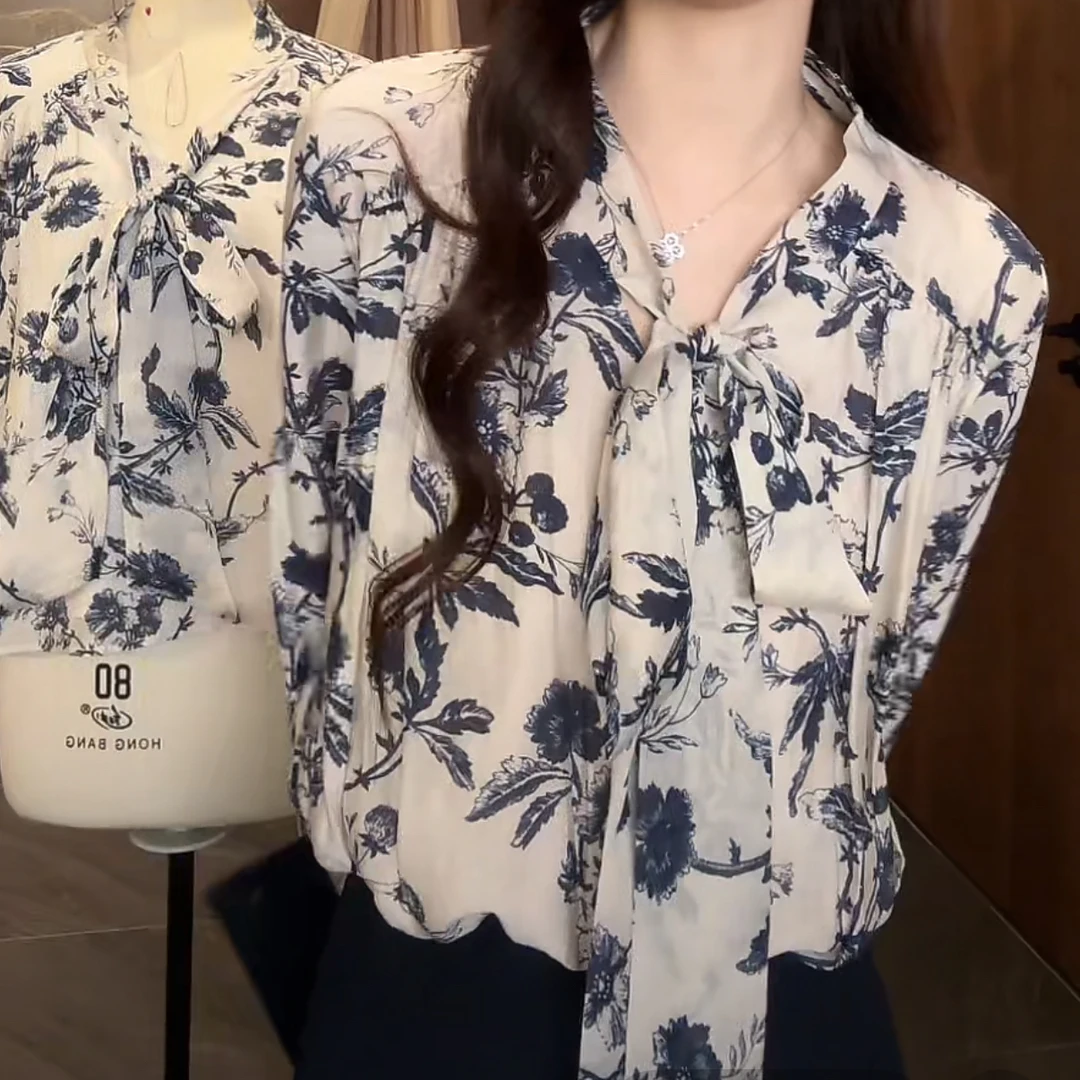 【墨染花影】新中式水墨印花飘带衬衫早秋季2025新款设计感长袖衬衣