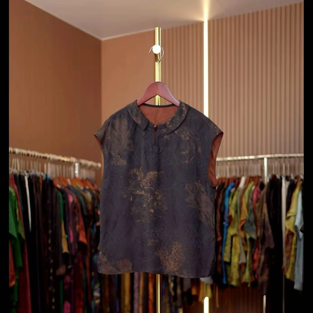 04金马-新中式国风镂空金色飞马无袖上衣0495