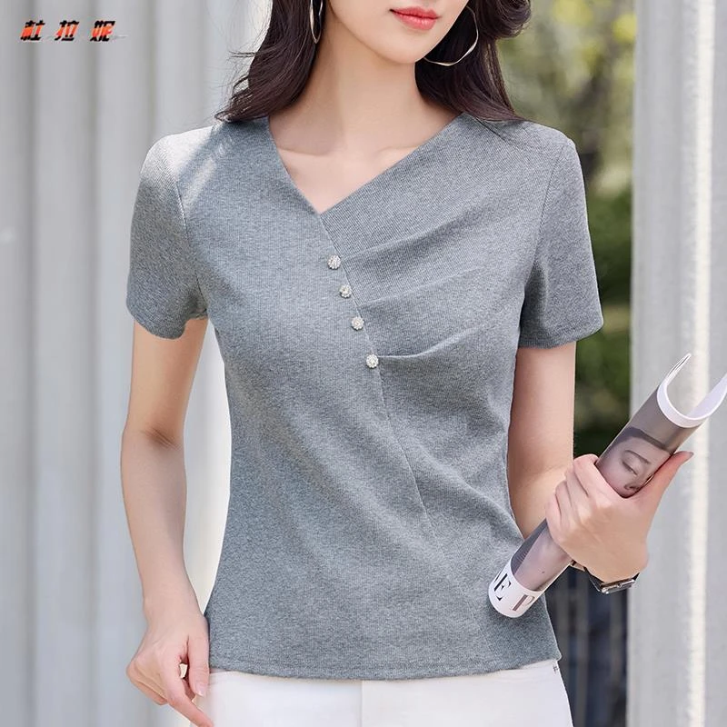 杜拉妮V领正肩修身短袖T恤女款夏季2025别致镶钻上衣半袖百搭体恤