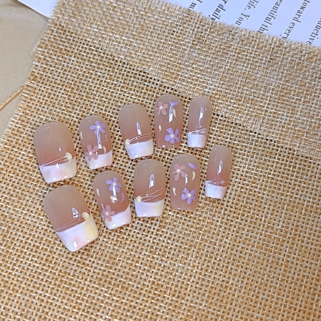 【花影缤纷】纯手工白色法式手绘花朵可拆卸手工穿戴甲