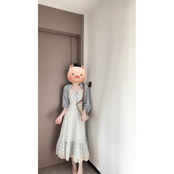 清新夏日休闲温柔风蕾丝淑女方领背带碎花连衣裙+浅蓝开衫披肩女