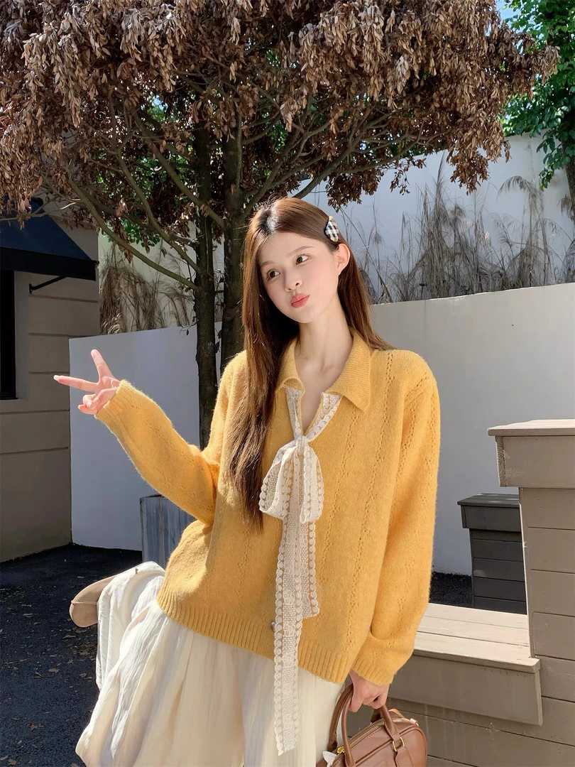 蕾丝蝴蝶结针织开衫
