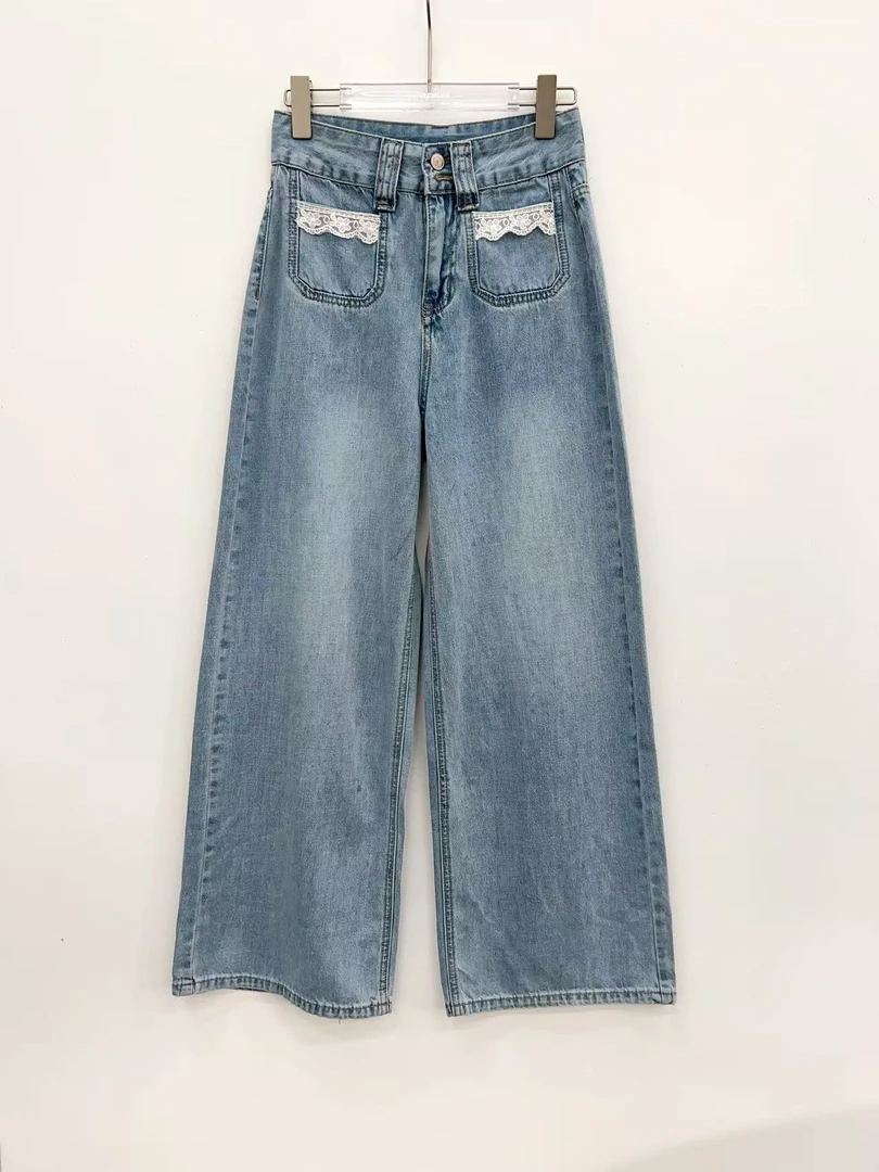 【珊珊专属】QC春季新款蕾丝拼接直筒显瘦牛仔裤88118