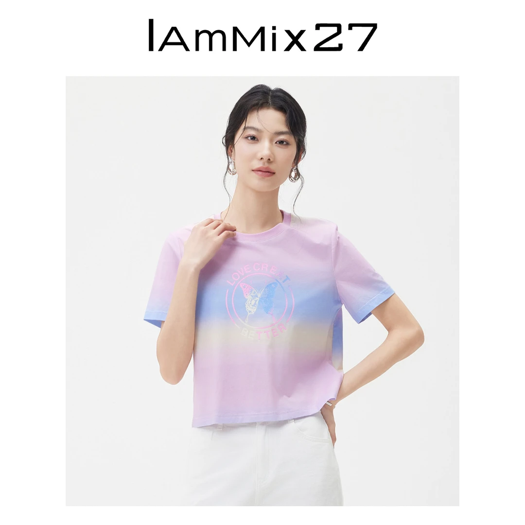 Iammix27短袖圆领T恤女渐变色青春减龄蝴蝶印花短款上衣M4C8281