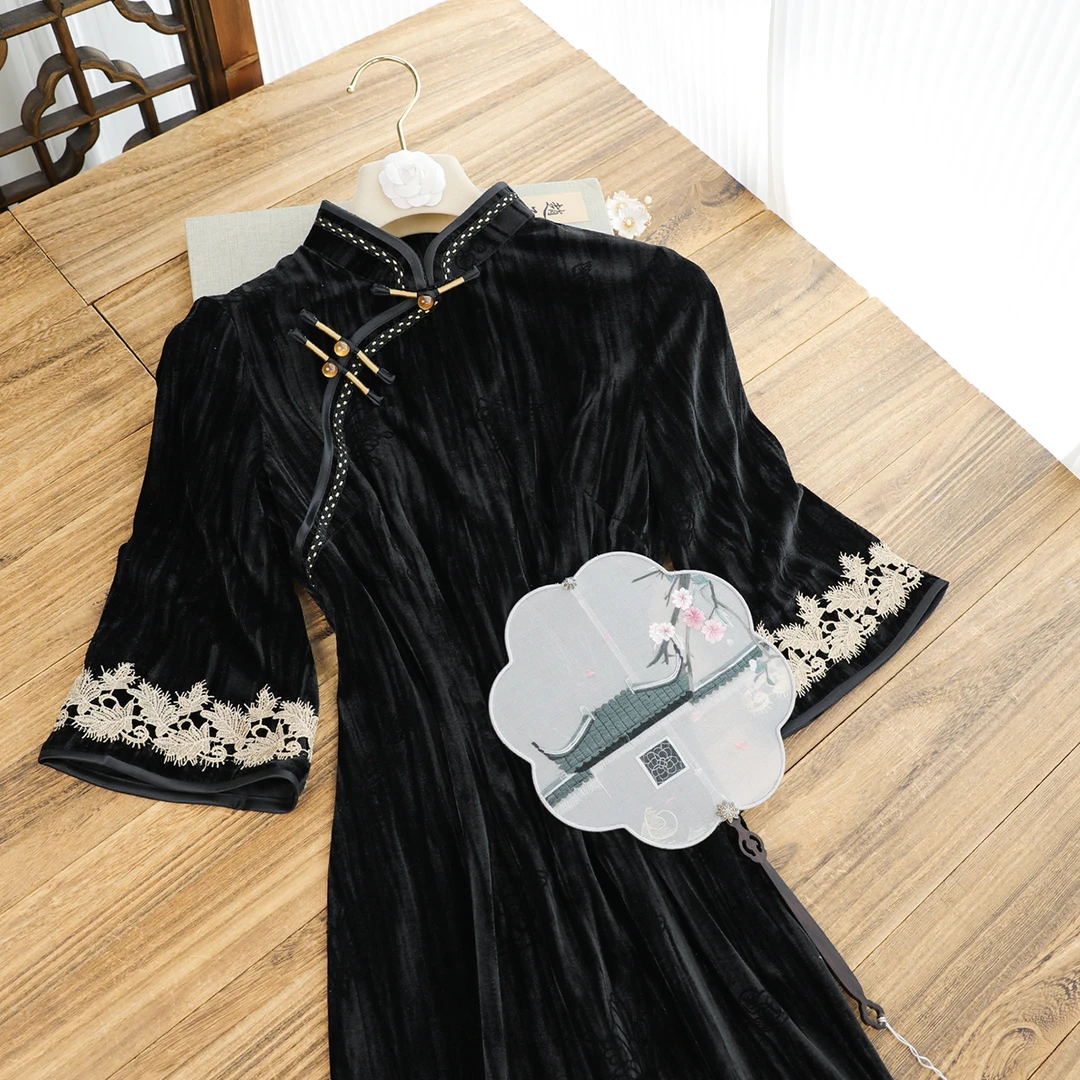 俏娘鱼黑色复古新中式改良长袖旗袍女2025秋季新款日常可穿老上海