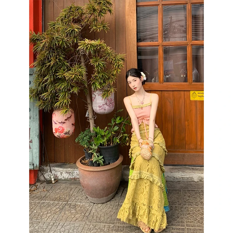 [WALKINDARK]芭乐·度假马卡龙撞色花边吊带连衣裙