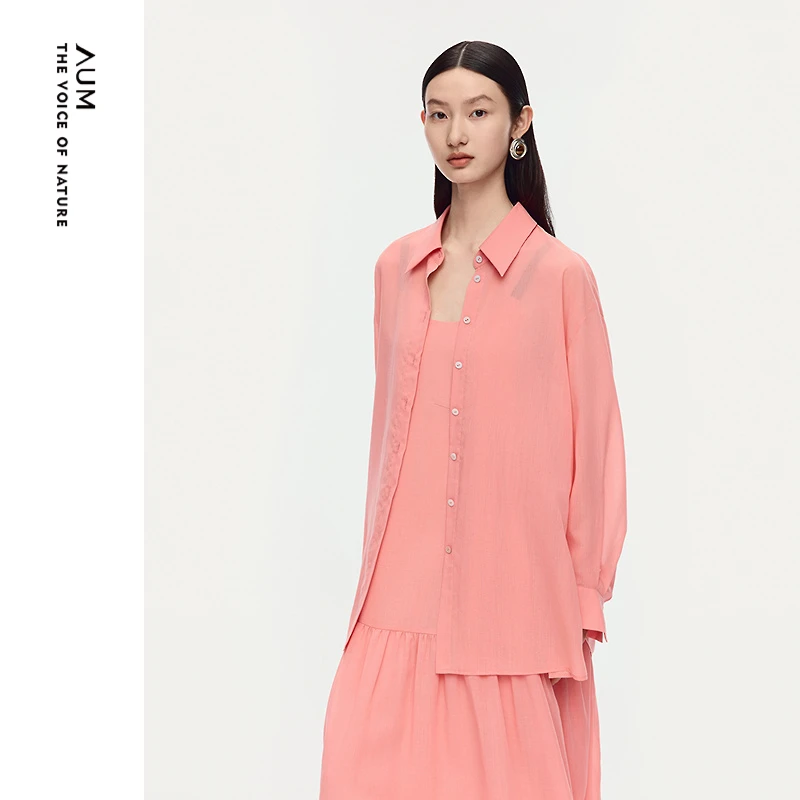 【轻松套装】AUM夏日翻领扭结优雅西柚粉色薄款长袖衬衫M1FZ22989