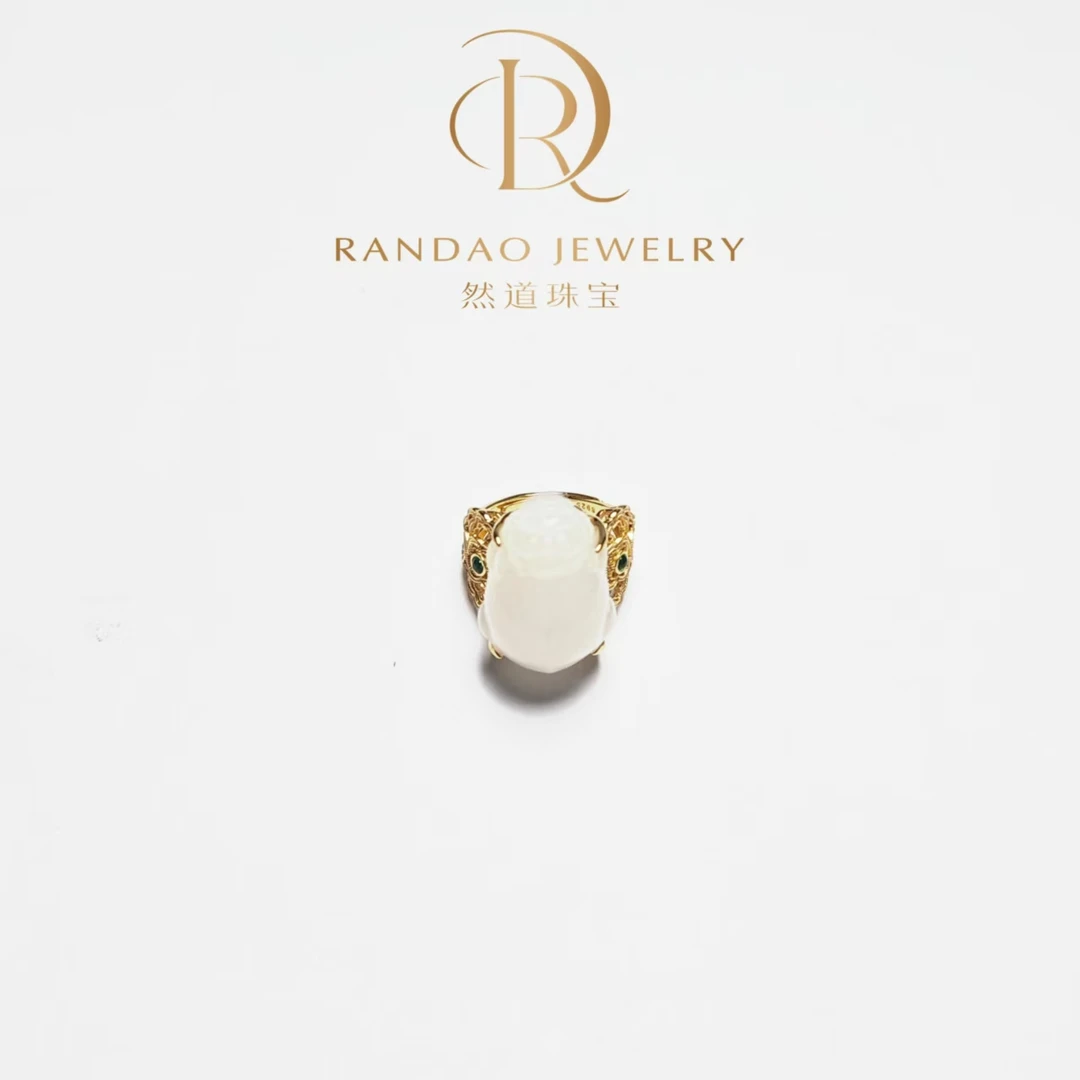 【然道珠宝】和田白玉貔貅戒指开口银戒