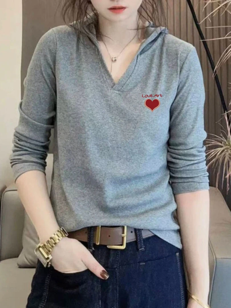 潮流韩系连帽t恤女洋气春秋打底衫设计感纯色百搭长袖显瘦上衣ins