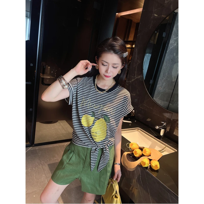 2025夏季新款高端欧货条纹印花设计感飞袖圆领小众时尚短袖T恤
