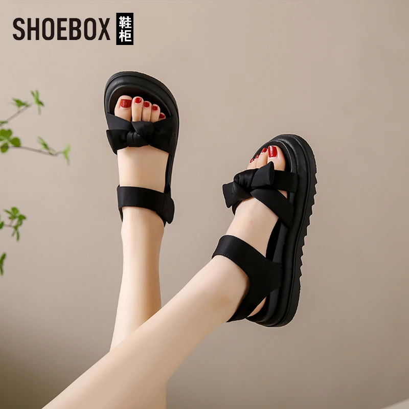 SHOEBOX鞋柜厚底凉鞋女2025新款夏季爆款软底不累脚黑色沙滩鞋