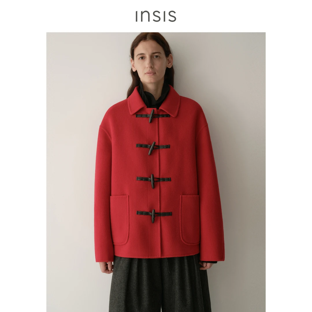 {12.8日新品}INSISFEMME撞色牛角扣学院风毛呢外套FN25423013