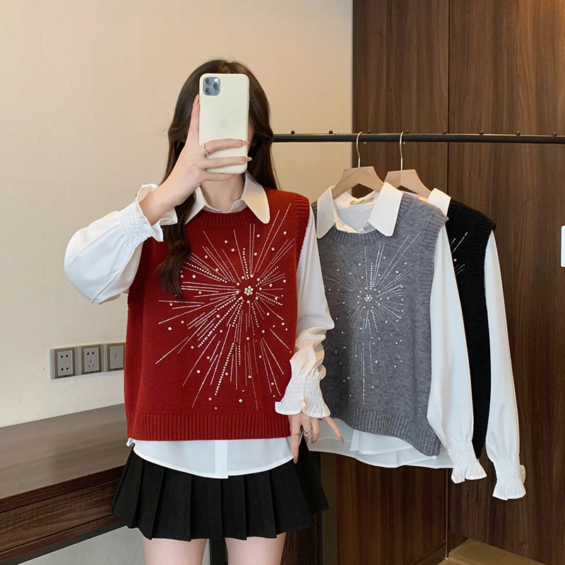 2025春装新款胖mm设计感亮闪闪重工钉珠针织马甲衬衫71844+4230