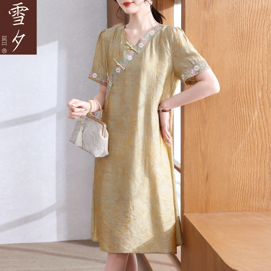 雪夕妈妈连衣裙女夏季2025新款改良旗袍裙中老年女短袖雪纺长裙子