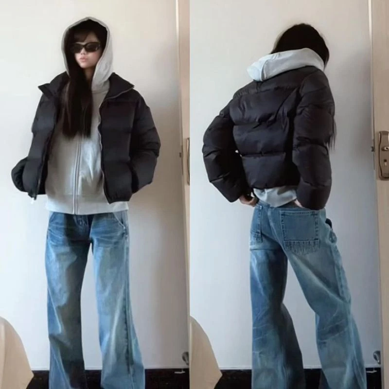 肯豆风黑色短款羽绒服女款冬季小个子2025新款立领加厚面包服外套