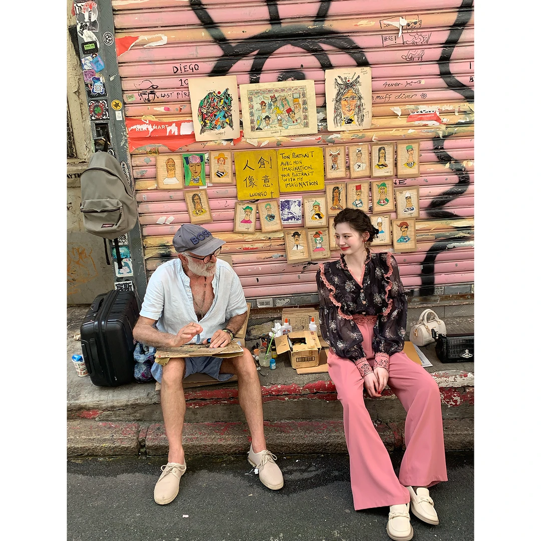 现货一生罗曼【粉墨】早秋法式新款碎花休闲假期宽松女衬衫Y5455