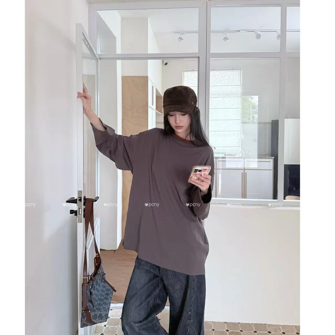 PCNY「领口撞色」不理理冬季新款女装休闲百搭中领宽松百搭长袖T恤
