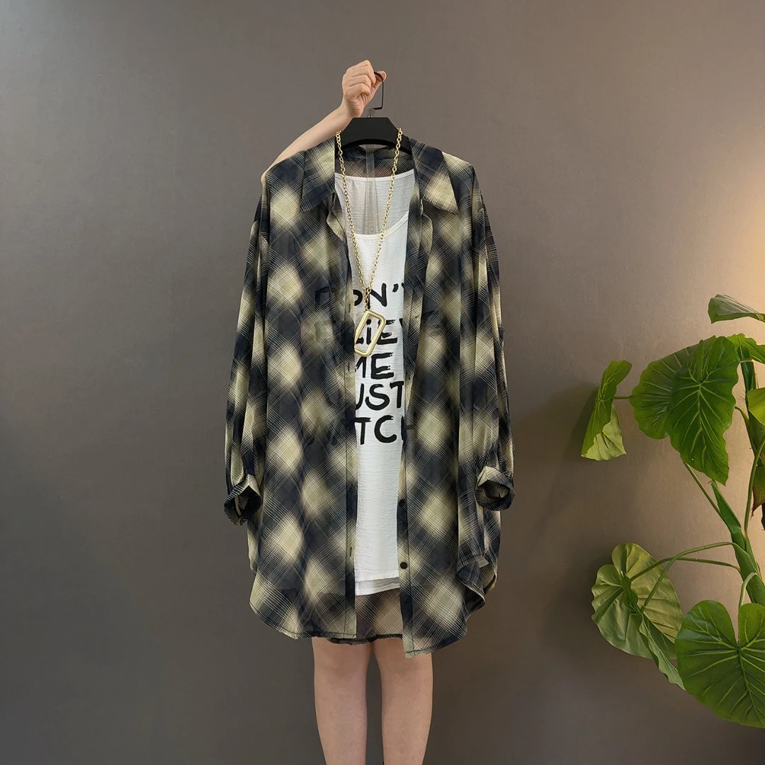 夏季加大版格子衬衫女薄款宽松百搭慵懒风背心打底长款防晒外套