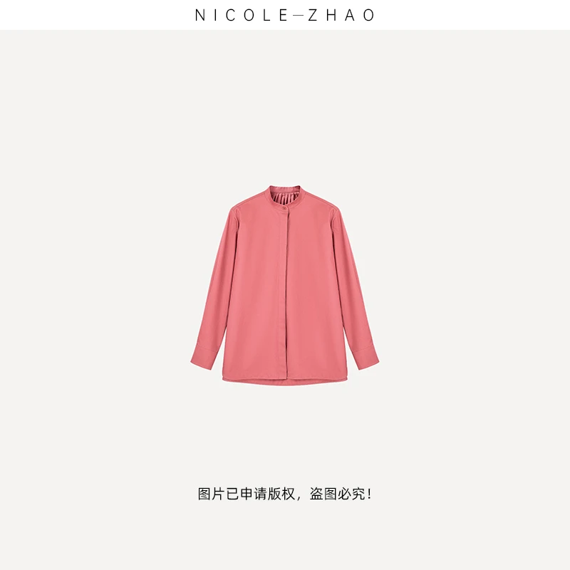 3MB266【贵姐NICOLE】高端设计师款立领春秋时尚套头珊瑚红衬衫女