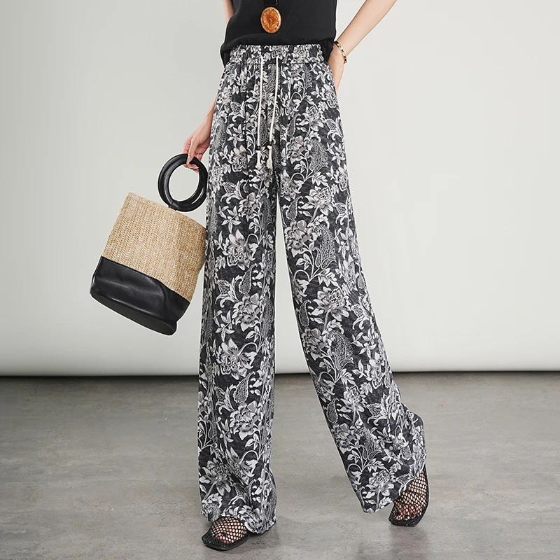 哥弟阿玛施正品垂感阔腿裤女2025夏季新薄款慵懒风提花凉感休闲裤