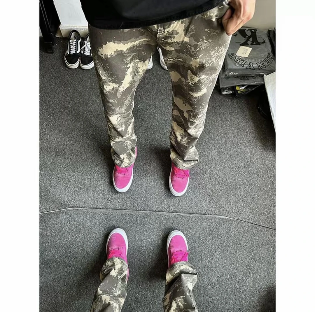 复古水洗免烫拉链常规款男牛仔裤运动迷彩修身工装风