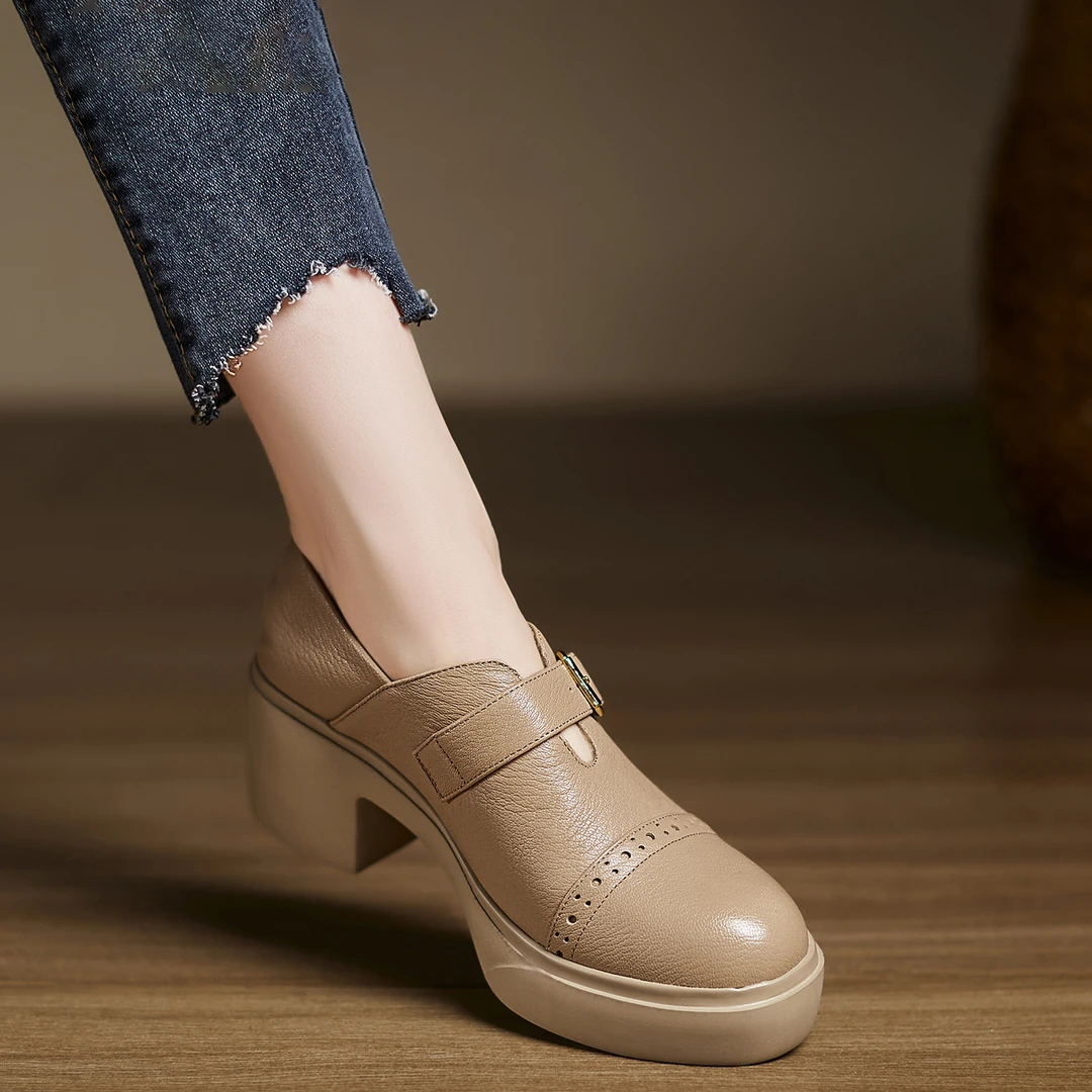 小个子手工女鞋6.5cm~不累脚厚底高跟鞋真皮杏色玛丽珍鞋女小皮鞋