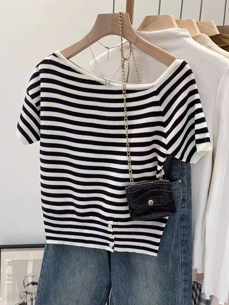 玲玲服饰【01138】条纹斜肩针织上衣