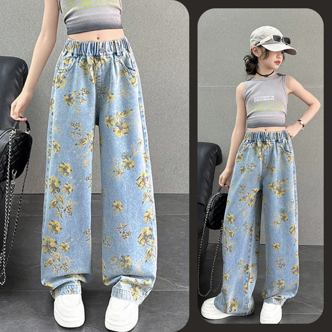 女童印花直筒阔腿牛仔裤中大童儿童6-12岁洋气休闲薄款潮款长裤