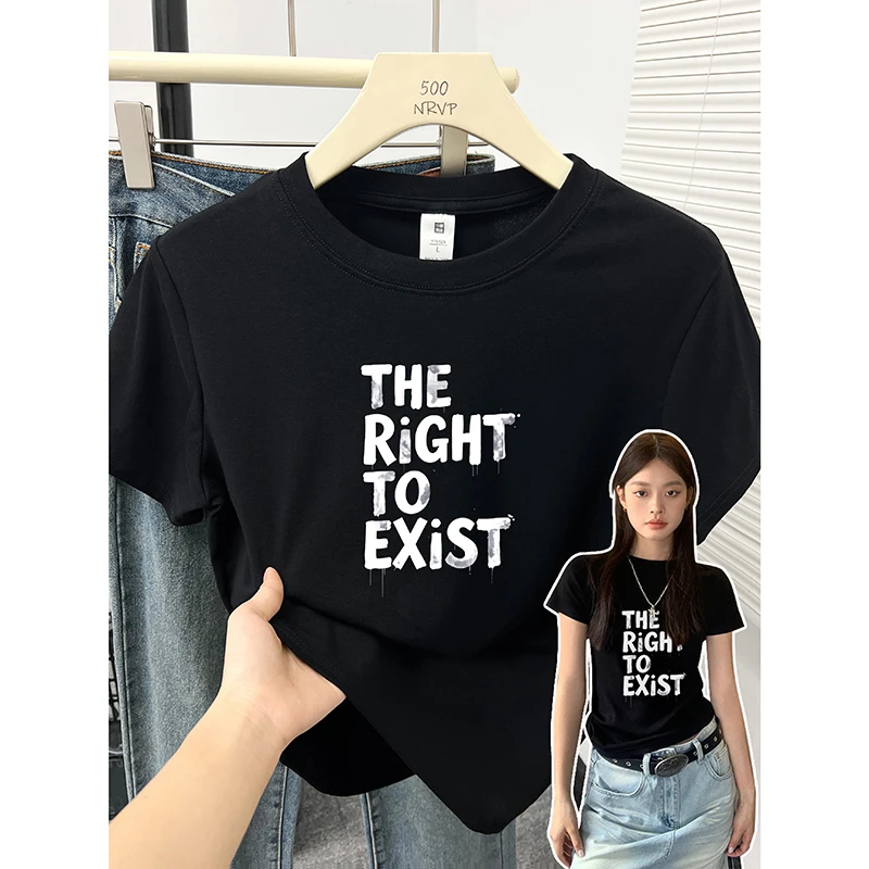 美式字母印花大码女装夏季短袖t恤女休闲慵懒风正肩修身弹力上衣