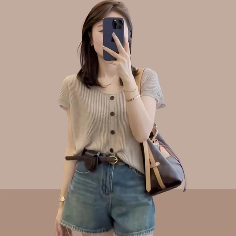 夏季薄款冰丝针织衫短袖t恤女2025新款宽松显瘦时尚洋气百搭上衣