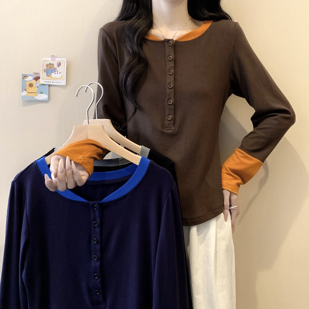 2025年大门女装秋冬新款半开领撞色拼接长袖上衣3797
