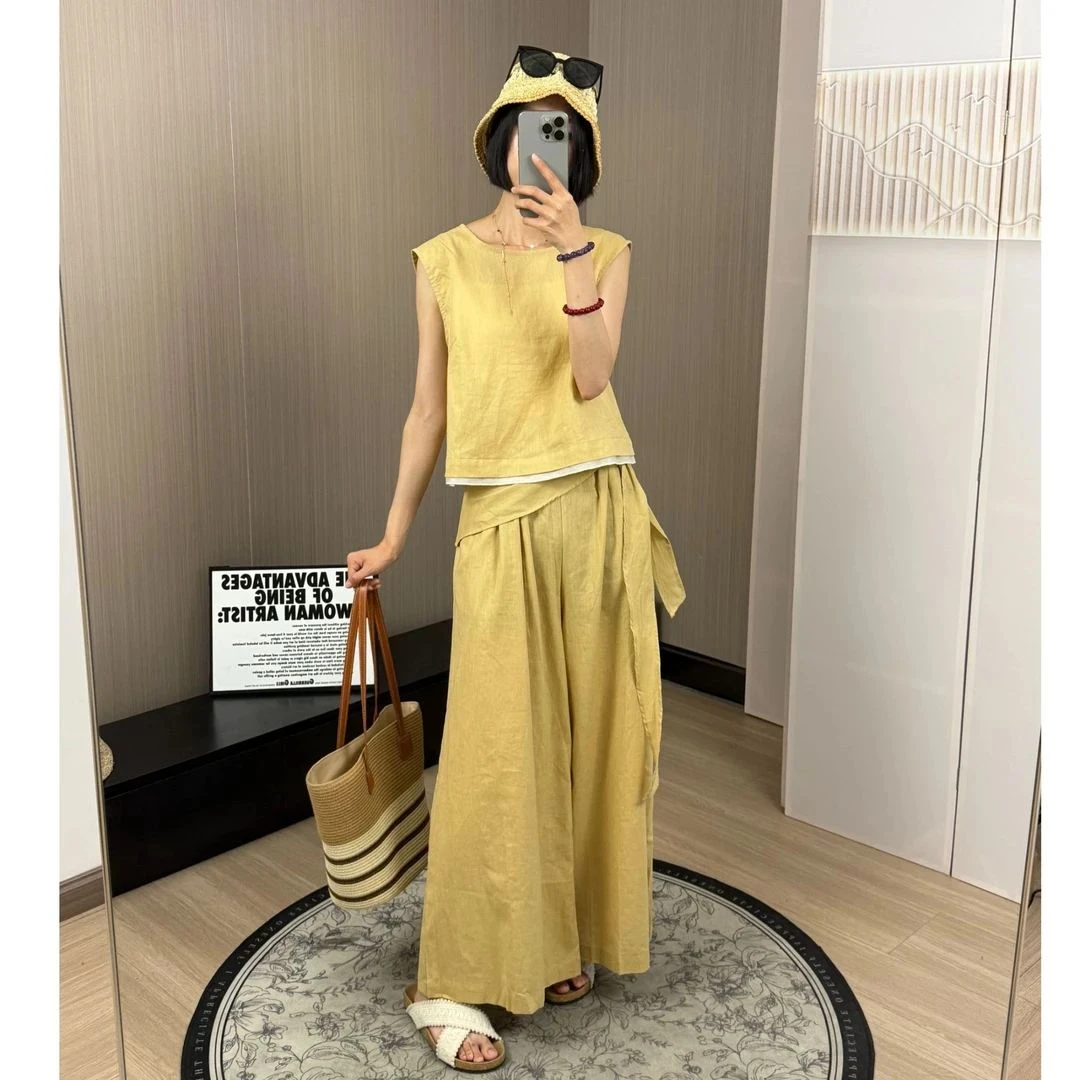 新款夏季亚麻老钱风时尚套装阔腿裤减龄背心高腰系带宽松休闲