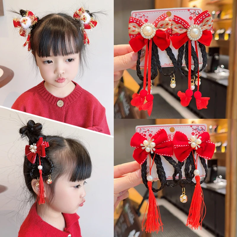 儿童新年毛绒发圈发饰女童中国风蝴蝶红色流苏发绳宝宝扎头发皮筋