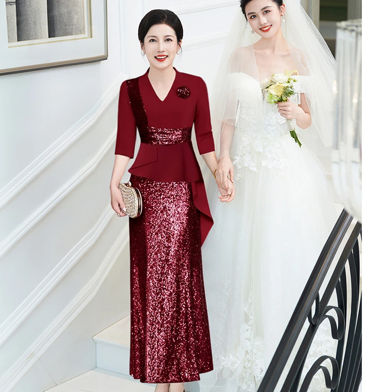 9001高端年轻喜妈妈婚宴装高贵优雅中式旗袍裙假两件订婚婆婆礼服