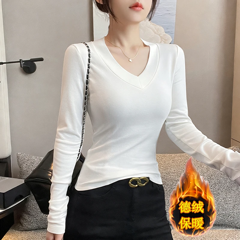 白色v领打底衫女2025新款秋冬长袖t恤内搭打底设计感洋气体恤上衣