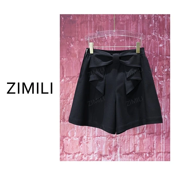 【亮哥女装】2025欧版暗夜黑蝴蝶结腰头高克重休闲A字短裤9320-H6