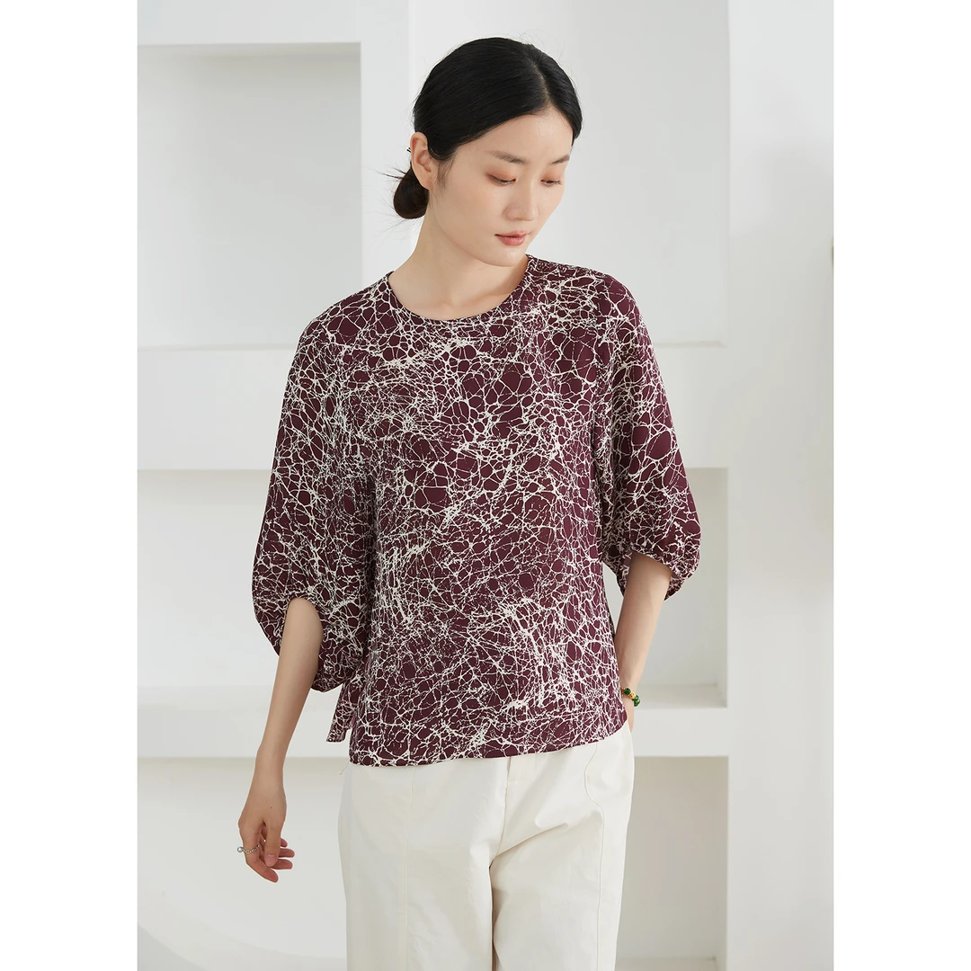 SILVIYE 真丝双乔100桑蚕丝圆领宽松显瘦五分袖上衣SYD127