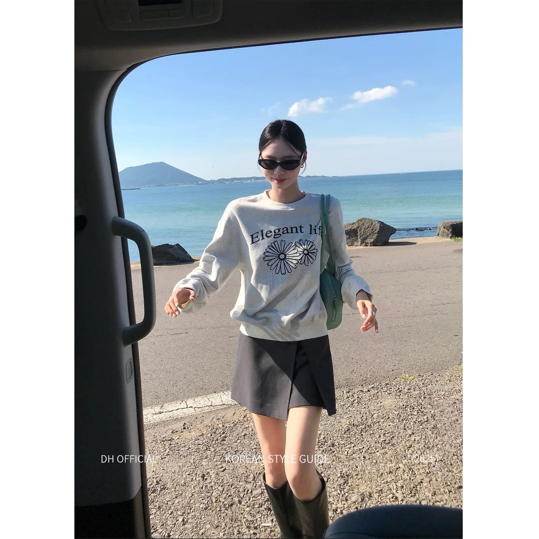 DH OFFICIAL 大花【珍珠雏菊hoodie】韩系圆领宽松雏菊珍珠灰调卫衣