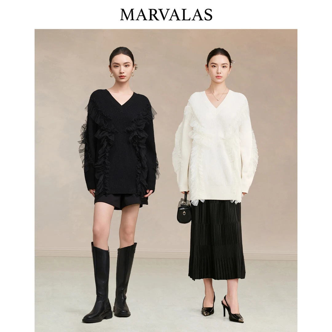 【粉丝专属】套头针织衫秋季新款木耳边拼接设计感上衣宽松慵懒毛衣