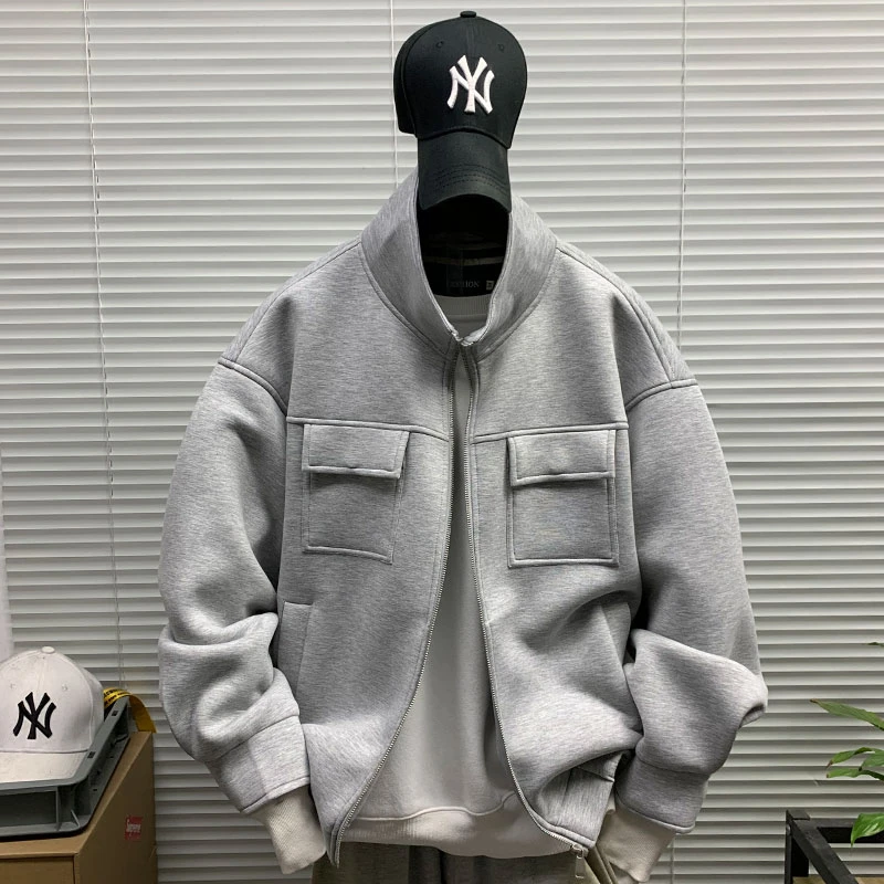 美式潮牌纯色立领多口袋运动卫衣外套男士休闲宽松春秋新款夹克