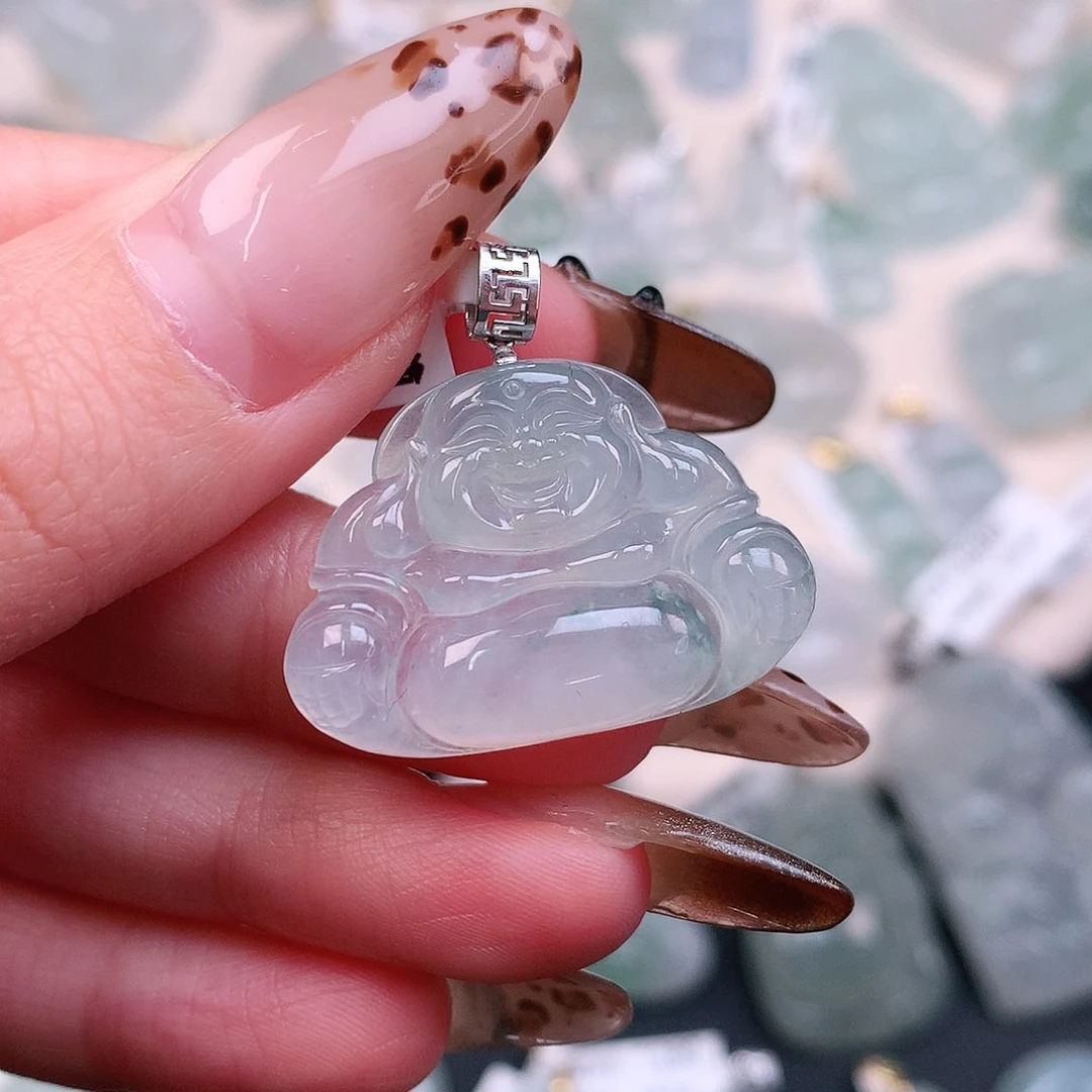 翡翠颈饰18K金镶嵌蓝花佛27、20.5、29、5.2