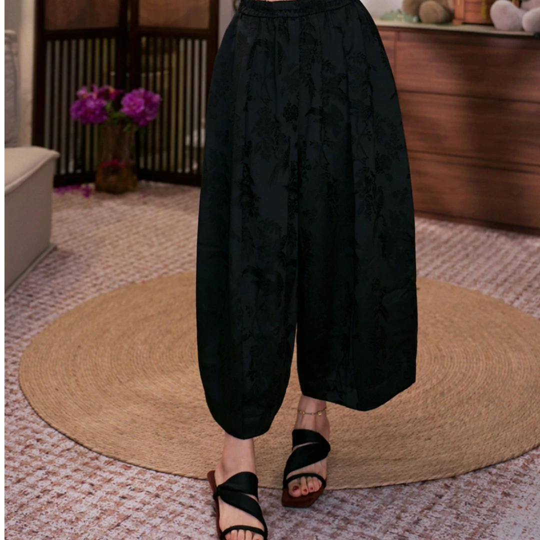 【夏花】新中式国风暗纹提花朵复古提花松紧阔腿裤1016