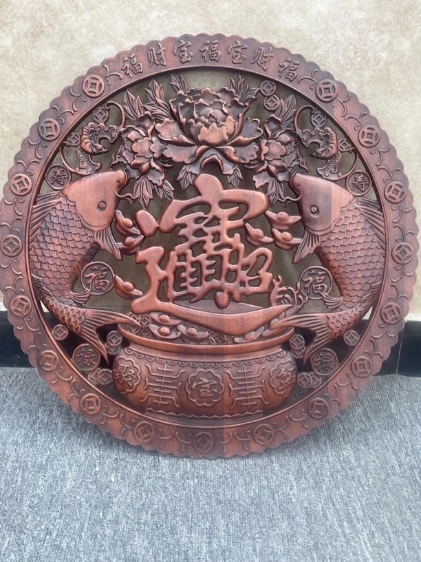 东阳木雕 直径58cm 招财进宝香樟木实木雕刻古色古香挂件
