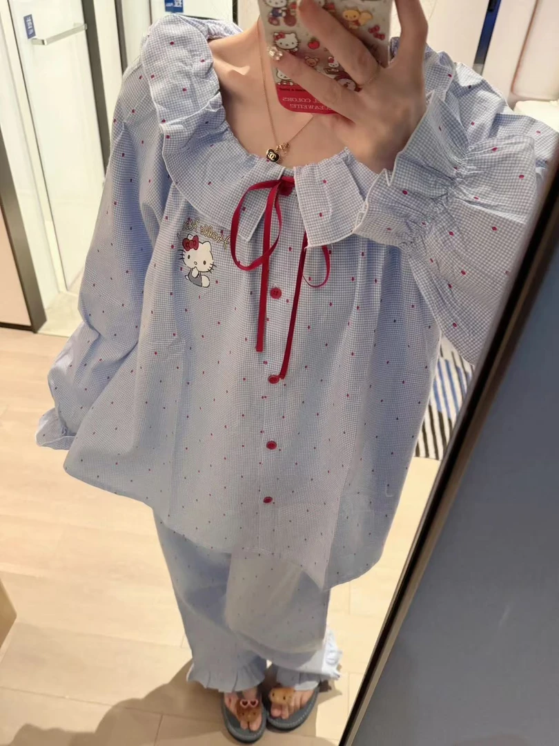 日系甜美可爱卡通波点小猫印花睡衣女春秋新款娃娃领宽松家居服