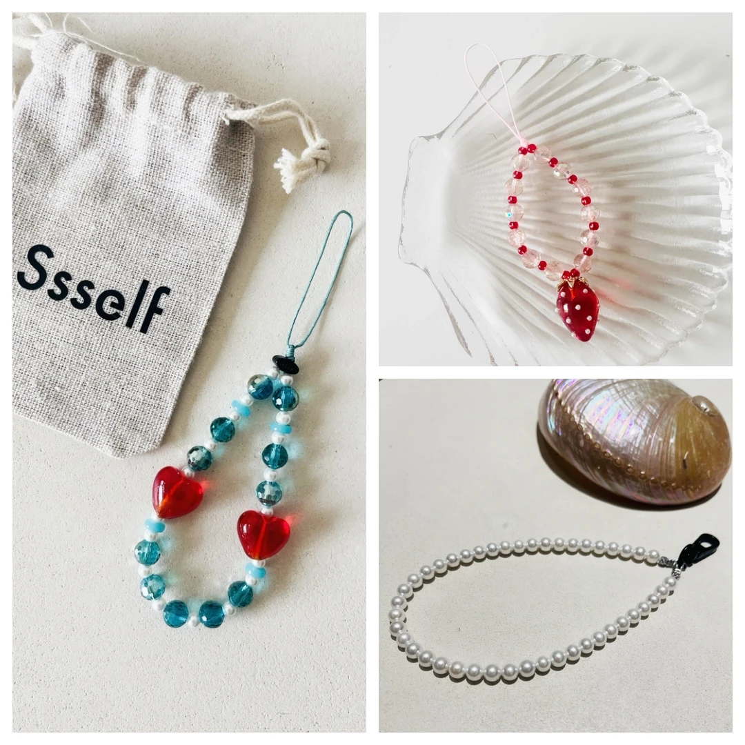 ssself精品手机链砰砰爱心精美贝珠草莓手机链人造水晶可爱简约风
