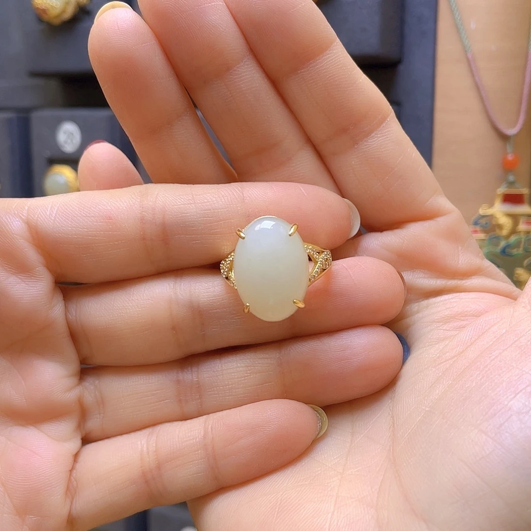 和田玉银S925镀金镶嵌戒指