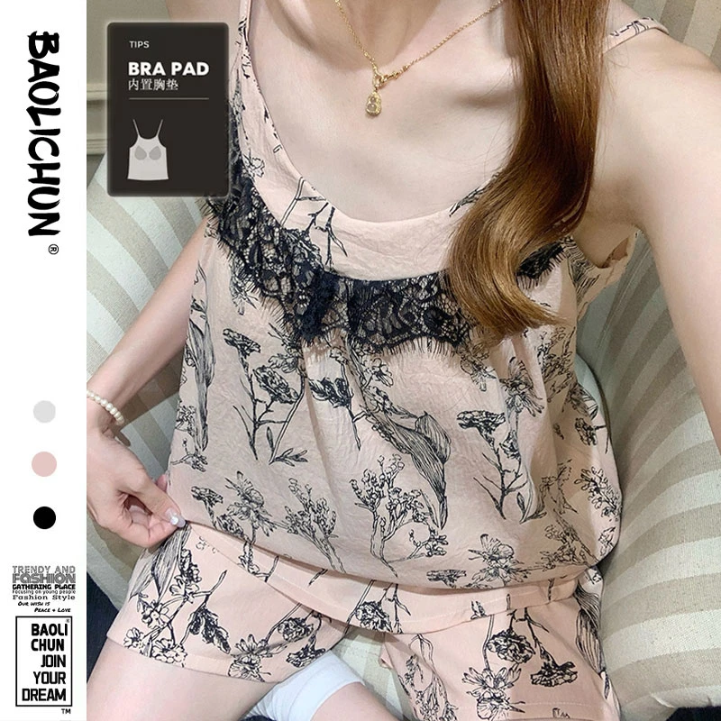 甜美复古花卉带胸垫吊带短裤可外穿性感睡衣套装女夏季薄款家居服