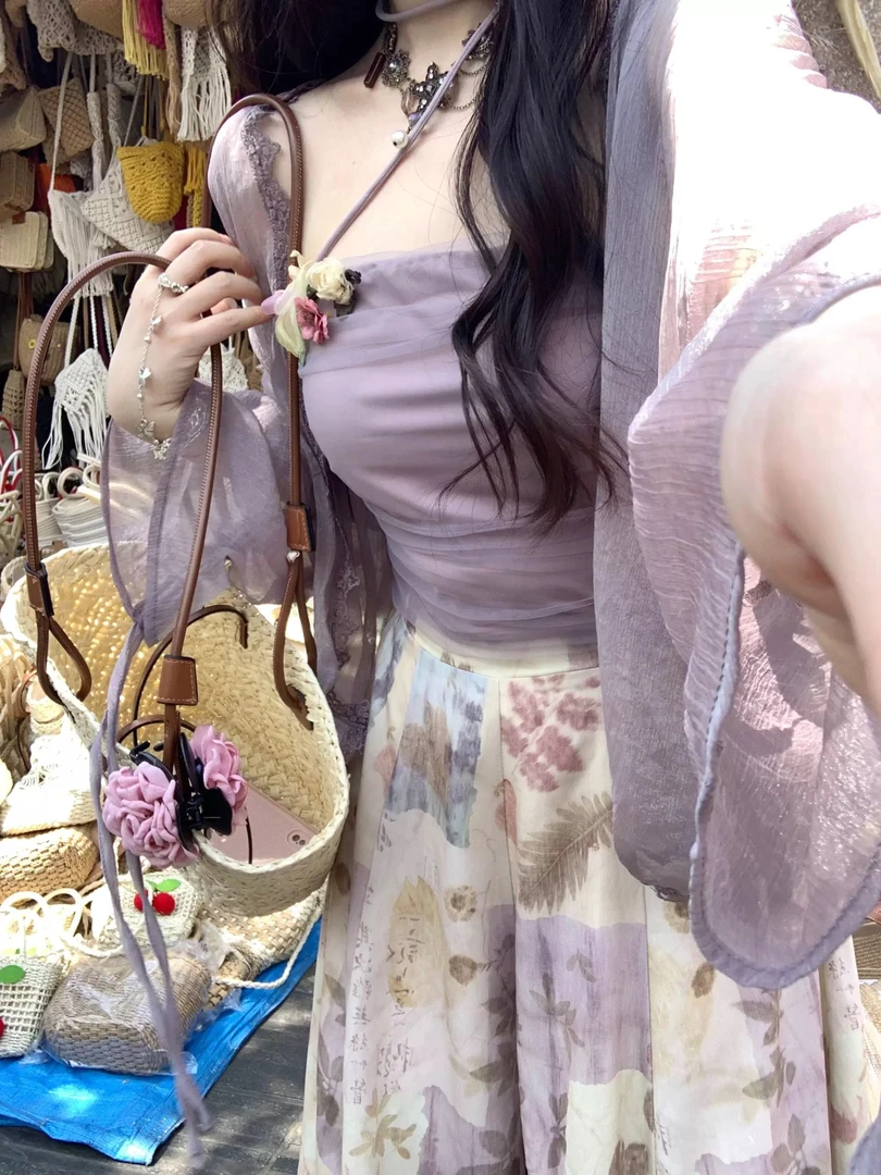 1007复古印花温柔春夏碎花长袖仙气汉元素两件套