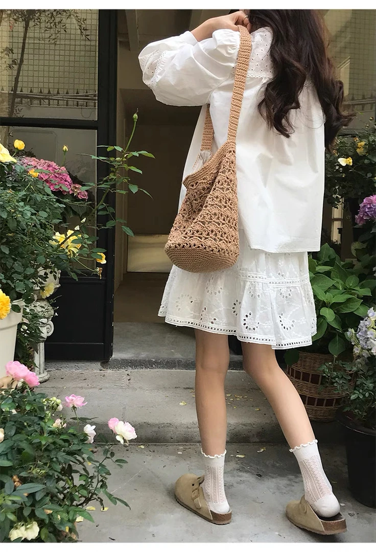 2025夏季新款镂空小白裙韩系气质百搭茶系穿搭小个子裙子
